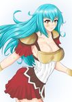  :d armor blue_hair blush breasts cleavage gladiator gold_armor keikyu_(tiltedcube) large_breasts long_hair looking_at_viewer miniskirt open_mouth orange_eyes original pauldrons red_skirt skirt smile solo 