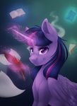  book equine eyelashes feathered_wings feathers female feral friendship_is_magic fur hair horn loose_feather magic mammal my_little_pony purple_eyes purple_feathers purple_fur purple_hair quill silentwulv smile solo twilight_sparkle_(mlp) winged_unicorn wings 