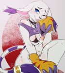  2016 anthro areola avante92 blue_eyes breasts cat claws clothed clothing digimon feline female fur gatomon hi_res looking_at_viewer mammal nipples one_eye_closed solo tongue tongue_out white_fur wink 
