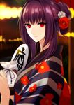  alternate_costume fan fate/grand_order fate_(series) floral_print flower hair_flower hair_ornament highres japanese_clothes kimono looking_at_viewer millefoglie print_kimono purple_hair red_eyes scathach_(fate)_(all) scathach_(fate/grand_order) smile solo striped vertical-striped_kimono vertical_stripes yukata 