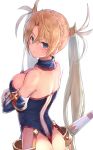  1girl ass back bangs bare_shoulders blonde_hair blue_eyes blue_leotard blush bradamante_(fate/grand_order) braid breasts censored cleavage closed_mouth crossed_arms elbow_gloves fate/grand_order fate_(series) faulds french_braid gloves hair_between_eyes hips leotard long_hair looking_at_viewer looking_back medium_breasts simple_background solo sumisu_(mondo) sweatdrop twintails white_background 
