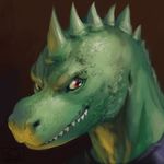  2016 anthro chunie clothing digital_media_(artwork) green_scales grin headshot_portrait hi_res lizard looking_at_viewer male portrait red_eyes reptile scales scalie shirt simple_background solo teeth 