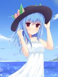  absurdres alternate_costume blue_hair blurry cloud cloudy_sky day depth_of_field dress food fruit hand_on_headwear hat highres hinanawi_tenshi kirisame_koiiro light_smile long_hair looking_at_viewer ocean peach red_eyes sketch sky solo sundress touhou white_dress 