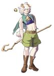  anthro armpits bell belt boots bow cape caprine clothed clothing cream_fur evelmanian footwear fur hi_res horn japanese looking_at_viewer mammal midriff purple_eyes sheep shorts simple_background solo staff standing video_games wander_crown リョーワ 