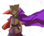 &gt;:) bloom bracelet brown_hair cape commentary_request cowboy_shot earmuffs high_collar jewelry looking_at_viewer mimippu pointy_hair protected_link purple_cape purple_skirt sash shirt short_hair skirt sleeveless sleeveless_shirt smile solo touhou toyosatomimi_no_miko v-shaped_eyebrows yellow_eyes 