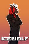  anthro canine clothed clothing crossed_arms hair hat hitmore long_hair looking_at_viewer male mammal necktie simple_background solo standing text 