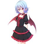  alternate_costume arms_behind_back bat_wings black_dress breasts choker collarbone detached_collar dress fang_out hair_between_eyes junior27016 lavender_hair light_smile looking_at_viewer no_hat no_headwear pointy_ears puffy_short_sleeves puffy_sleeves red_eyes remilia_scarlet short_hair short_sleeves small_breasts solo touhou vampire wings 