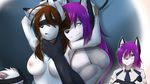  anthro areola armpits bdsm blindfold bondage bound breasts breath canine duo female fox half-closed_eyes hands_above_head looking_at_viewer male male/female mammal muscular nipples nude open_mouth simple_background smile sollyz sweat tongue 