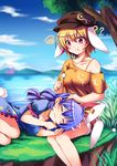  :3 ?? absurdres animal_ears bangs blonde_hair blue_dress blue_hair blue_sky blurry blurry_background bra bra_strap breasts brown_hat bunny_ears bunny_tail closed_eyes cloud collarbone dango day dress ear_clip ears_down eating extra_ears floppy_ears food frilled_dress frills grass hair_between_eyes hair_tie hat highres koissa lap_pillow legs looking_at_another looking_down low_twintails lying lying_on_lap medium_breasts mimikaki misty_lake moon_print mountain multiple_girls on_side orange_bra orange_shirt outdoors red_eyes reflection ringo_(touhou) scarlet_devil_mansion seiran_(touhou) shirt shirt_slip short_dress short_hair shorts sitting sky star star_print tail thighs touhou tree twintails underwear wagashi water yellow_shorts |3 