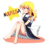  amazon_(taitaitaira) apron ass barefoot black_bow black_dress blonde_hair blue_eyes blush bow braid character_name commentary dress feet frilled_dress frills full_body hair_bow kirisame_marisa knees_together_feet_apart legs long_hair looking_at_viewer puffy_short_sleeves puffy_sleeves short_sleeves side_braid single_braid smile solo star touhou v_arms waist_apron 