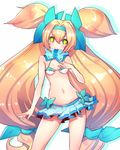  bikini bikini_skirt blazblue blonde_hair blush flat_chest green_eyes hair_ribbon heart heart-shaped_pupils long_hair looking_at_viewer navel oro_(sumakaita) platinum_the_trinity quad_tails ribbon smile solo swimsuit symbol-shaped_pupils very_long_hair 