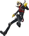  ascot blonde_hair full_body gloves knee_pads lead_pipe looking_at_viewer male_focus mask official_art persona persona_5 popped_collar sakamoto_ryuuji smile soejima_shigenori solo transparent_background weapon yellow_gloves 