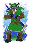  2016 3_fingers abstract_background amonomega anthro armor belt boar clothed clothing confusion cosplay digital_media_(artwork) elbow_tufts facial_piercing forrest_the_boar front_view fur greaves green_hair grey_fur hair hat holding_object hooved_fingers hooves inner_ear_fluff knee_tuft male mammal melee_weapon musical_instrument musical_note nintendo nose_piercing nose_ring ocarina open_mouth piercing porcine raised_eyebrow septum_piercing simple_background solo standing sword teeth the_legend_of_zelda tuft tusks vambraces video_games watermark weapon 
