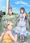  :d absurdres amanchu! black_hair blue_eyes casual cloud day dress food green_eyes green_hair hair_ribbon highres ice_cream kohinata_hikari legs long_hair looking_back megami multiple_girls ninomiya_ai non-web_source official_art ooki_futaba open_mouth outdoors railing red_hair ribbon short_hair sky smile stairs tongue waving 