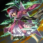  aura barefoot bowl bowl_hat clenched_hand commentary_request dagger hat highres long_sleeves needle open_mouth red_eyes sash sheath shope short_hair solo spell_card sukuna_shinmyoumaru touhou weapon 