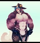  2016 abs anthro badge bandage bandanna biceps big_muscles black_fur black_nose bulge canine clothed clothing digital_media_(artwork) front_view fur gloves grey_fur gun handgun hat hi_res holding_object holding_weapon jockstrap letterbox male mammal multicolored_fur muscular muscular_male navel nipples open_mouth pecs portrait ranged_weapon revolver scar sheriff simple_background solo standing sweat teeth three-quarter_portrait topless underwear vetrowolf weapon white_background white_fur wolf 