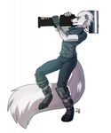  anthro clothed clothing female fur hair hitmore mammal marsupial opossum ranged_weapon simple_background solo standing teeth weapon white_background 