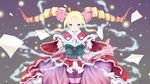  2016 absurdres artist_name beatrice_(re:zero) blonde_hair blue_eyes book capelet cowboy_shot crown dated dress drill_hair floating floating_book floating_object frilled_dress frills fur_trim hair_ribbon highres light_particles long_hair long_sleeves looking_at_viewer magic mini_crown multicolored_hair neps-l open_mouth outstretched_arms outstretched_hand pantyhose paper pink_hair re:zero_kara_hajimeru_isekai_seikatsu ribbon solo striped striped_legwear symbol-shaped_pupils twin_drills two-tone_hair wide_sleeves wind 