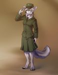  anthro canine clothed clothing female fur hait hap hitmore mammal necktie salute simple_background solo standing teeth 