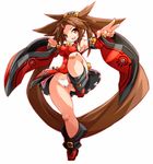  bare_shoulders boots breasts brown_eyes brown_hair china_dress chinese_clothes detached_sleeves dress guilty_gear hair_ornament highres karukan_(monjya) kuradoberi_jam large_breasts long_hair open_mouth panties skirt smile solo underwear very_long_hair 