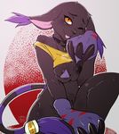  2016 amber_eyes anthro areola avante92 black_fur breasts cat claws clothed clothing digimon feline female fur gatomon hi_res looking_at_viewer mammal nipples one_eye_closed solo tongue tongue_out wink 