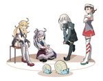  asashimo_(kantai_collection) blonde_hair blue_eyes boots brown_eyes brown_hair cellphone chair commentary_request crossover elbow_gloves fingerless_gloves gen_1_pokemon glasses gloves grey_eyes grey_legwear hair_over_one_eye hat highres iowa_(kantai_collection) kantai_collection long_hair multiple_girls ndkazh omanyte pantyhose phone pokemon pokemon_(creature) pokemon_go ponytail roma_(kantai_collection) school_uniform short_hair silver_hair sitting snail standing star star-shaped_pupils symbol-shaped_pupils thigh_boots thighhighs u-511_(kantai_collection) 