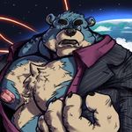  anthro bear belly black_nose blue_eyes blue_fur bluekumabox body_hair chest_hair claws coat detailed_background earth front_view fur hairy hi_res male mammal manly mature_male muscular muscular_male nipples paws pecs planet pose solo space 