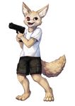  alpha_channel alphalupi anthro canine cargo_shorts clothing cybernetic_eye cybernetics desert_eagle fennec fox gun handgun machine male mammal pistol ranged_weapon shirt short simple_background t-shirt transparent_background tyma weapon 