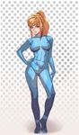  1girl abs beauty_mark black-rayal blonde_hair blue_eyes breasts cameltoe gradient_background hair_between_eyes hand_on_hip looking_at_viewer metroid posing samus_aran skin_tight solo zero_suit 