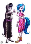  2016 5_fingers anthro black_hair blue_hair clothed clothing dress duo equine eye_contact eyelashes female friendship_is_magic grey_skin hair horn jewelry jowybean mammal multitone_hair my_little_pony necklace octavia_(mlp) open_mouth pink_eyes purple_eyes simple_background standing tongue unicorn vinyl_scratch_(mlp) wristband 