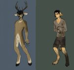  anthro antlers canine cervine clothed clothing deer duo facial_hair featureless_crotch fur goatee hair hi_res hitmore horn looking_at_viewer male mammal nude simple_background standing 