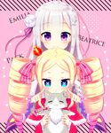  :&lt; :3 =_= animal aoi_yun beatrice_(re:zero) blonde_hair blue_eyes butterfly_hair_ornament cat character_name cheek_poking crown drill_hair emilia_(re:zero) flower hair_flower hair_ornament hair_ribbon long_hair mini_crown multiple_girls onomatopoeia poking puck_(re:zero) purple_eyes re:zero_kara_hajimeru_isekai_seikatsu ribbon rose silver_hair symbol-shaped_pupils twintails 