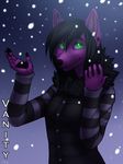  anthro canine clothed clothing ear_piercing english_text facial_piercing female hitmore lip_piercing looking_at_viewer mammal piercing simple_background smile snow solo text 