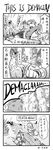 3girls 4koma absurdres ashe_(league_of_legends) chinese cho'gath comic dying_message garen_crownguard greyscale highres league_of_legends leng_wa_guo luxanna_crownguard monochrome morgana multiple_girls teemo translated trundle weapon 