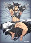  1boy abs animal_ears armpit barefoot beard bed_sheet black_hair blue_eyes blush body_hair facial_hair feet final_fantasy full_body lying male_focus muscle naughty_face penis smile solo suiton tagme teeth testicles 