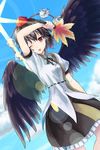  akidzuki_haruhi arm_up black_hair black_wings blue_sky blush cloud day dutch_angle hat looking_at_viewer one_eye_closed open_mouth pom_pom_(clothes) puffy_sleeves red_eyes shameimaru_aya shirt short_hair short_sleeves skirt sky solo sunlight sweatdrop tokin_hat touhou wings 