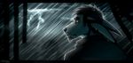  anthro canine clothed clothing facial_hair fangs goatee hitmore lightning looking_at_viewer looking_back male mammal outside raining solo teeth 