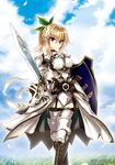  armor armored_dress blonde_hair blue_eyes boots flower gloves hair_between_eyes hair_flower hair_ornament hair_ribbon official_art ponytail ribbon ripodpotato shield smile solo sword weapon zio_-zest_in_one.- 