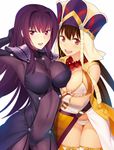  :d arm_behind_head armor bodysuit breasts brown_hair cleavage covered_navel fate/grand_order fate_(series) hat large_breasts long_hair looking_at_viewer multiple_girls nichiru open_mouth purple_bodysuit purple_eyes purple_hair revealing_clothes scathach_(fate)_(all) scathach_(fate/grand_order) shoulder_armor smile thighhighs white_legwear xuanzang_(fate/grand_order) 