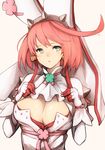  1girl ahoge arc_system_works blush breasts bridal_veil bunny_ears cleavage clover dress elphelt_valentine four-leaf_clover gloves green_eyes guilty_gear guilty_gear_xrd inaba_sunimi large_breasts long_sleeves looking_at_viewer open_mouth pink_hair ribbon short_hair solo spikes veil 
