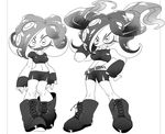  belt bike_shorts boots breasts commentary_request cross-laced_footwear fingerless_gloves gloves greyscale lace-up_boots large_breasts monochrome multiple_girls octarian octoling seaweed shirt sizma splatoon_(series) splatoon_1 t-shirt takozonesu tentacle_hair 