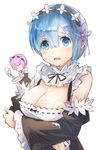  ;) apron arm_garter bangs black_bow blue_eyes blue_hair blush bow bowl breast_hold breasts bust_cup chibi cleavage closed_mouth colored_eyelashes cream cream_on_face detached_sleeves dress dripping eyebrows eyebrows_visible_through_hair eyelashes food food_on_body food_on_face hair_ornament hair_over_one_eye hair_ribbon hairband highres holding large_breasts looking_at_viewer maid mayonnaise mixing_bowl multiple_girls neck_ribbon one_eye_closed open_mouth pink_eyes pink_hair purple_ribbon ram_(re:zero) re:zero_kara_hajimeru_isekai_seikatsu rem_(re:zero) ribbon ribbon_trim sexually_suggestive short_hair siblings simple_background sisters smile sweat twins underbust upper_body waist_apron whisk white_apron white_background x_hair_ornament yaeko 