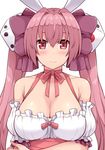  animal_ears bangs bare_shoulders blush bow breasts bunny_ears choker cleavage closed_mouth detached_sleeves di_gi_charat dice dice_hair_ornament frills hair_between_eyes hair_bow hair_ornament hand_on_own_arm hasu_(hk_works) holding_arm large_breasts long_hair looking_at_viewer nail_polish pink_hair puffy_sleeves red_eyes ribbon ribbon_choker shiny shiny_skin short_sleeves simple_background smile solo twintails underbust upper_body usada_hikaru white_background white_nails 