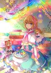  alice_margatroid apron bangs blonde_hair blue_dress blue_eyes blush book_stack capelet colorful commentary_request dress embroidery embroidery_hoop floating floral_print flower hair_between_eyes hairband heart indoors kazu_(muchuukai) light_particles light_rays long_hair long_sleeves looking_at_viewer needle parted_lips pincushion rainbow rainbow_order room sewing shanghai_doll short_hair short_sleeves solo spool streamers string thread touhou waist_apron 