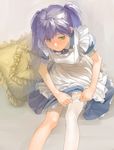  adjusting_clothes adjusting_legwear apron blue_dress closed_mouth cushion dress frilled_apron frilled_pillow frills green_eyes highres long_hair maid original pillow puffy_short_sleeves puffy_sleeves purple_hair short_sleeves single_thighhigh sitting solo thighhighs twintails yk_(tnkau) 