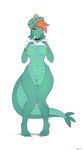  2016 anthro anthrofied big_breasts blue_scales blush bottomless breasts claws clothed clothing collar derpah disney female green_scales hair hat hi_res loch_ness_monster marine navel nessie one_eye_closed orange_hair pussy red_eyes scales scalie shirt signature simple_background solo the_ballad_of_nessie toe_claws white_background wide_hips wink 