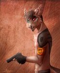  anthro canine clothed clothing facial_hair fingerless_gloves fur gloves goatee gun hair handgun hi_res hitmore looking_at_viewer male mammal pistol ranged_weapon simple_background solo topless weapon 