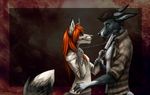  anthro canine clothed clothing collar duo facial_hair female fox fur goatee hitmore knife leash male male/female mammal open_shirt simple_background smile standing teeth 