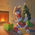  2019 anthro blue_eyes brown_fur brown_hair canine christmas christmas_tree clothed clothing eyewear female fire fireplace fur gift glasses hair holidays inside kneeling mammal open_mouth pawpads paws scissors solo tree white_fur 典藏haodai 