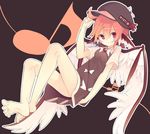  aki_maki_yuu alternate_headwear animal_ears barefoot beamed_sixteenth_notes bird_wings blush_stickers brown_dress dress dutch_angle eighth_note full_body grin hat looking_at_viewer musical_note mystia_lorelei pink_hair red_eyes short_dress short_hair short_sleeves smile soles solo toes touhou wings 